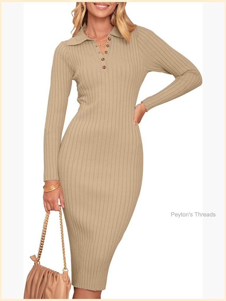 V Neck Ribbed Sweater Dress Long Sleeve Bodycon Knit Midi Dress